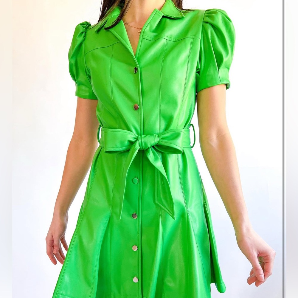 Dolce Cabo Vibrant Green Belted Faux Leather Dress💚